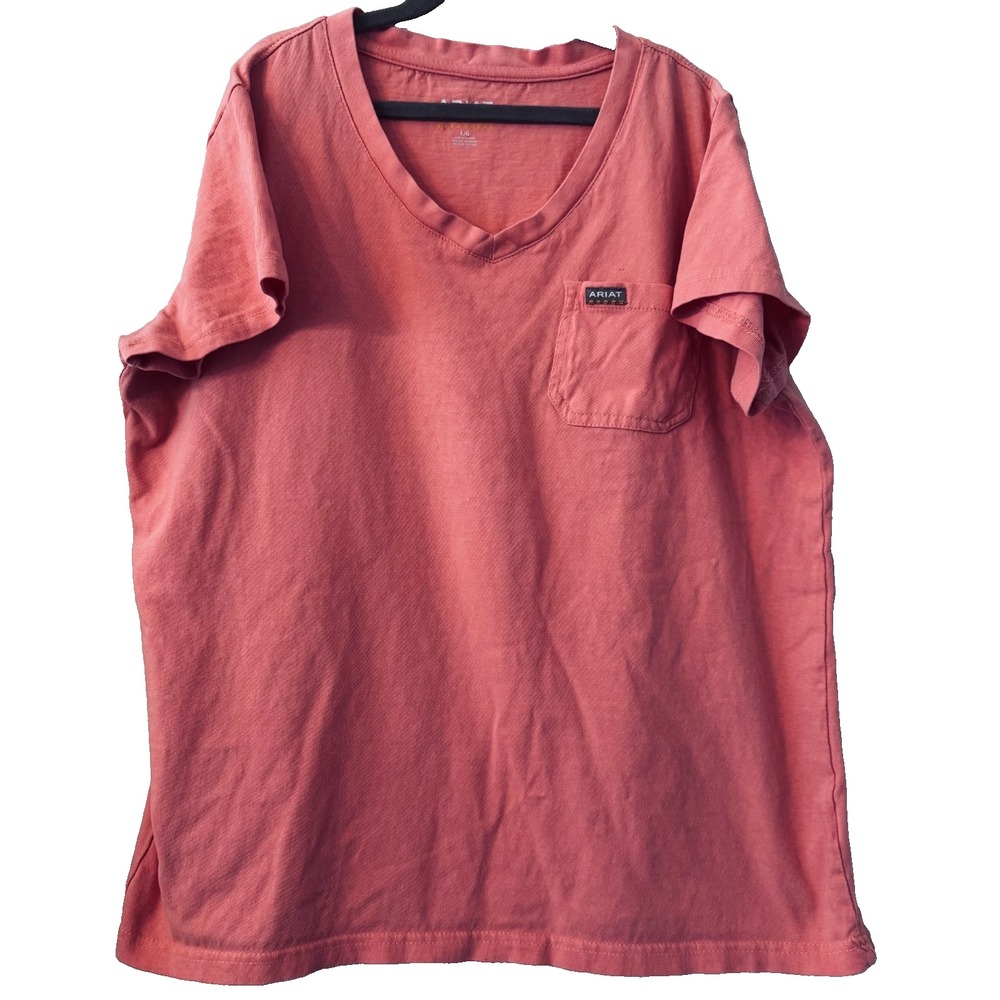 Ariat Rebar Women's L Coral Pink V Neck Tee Cotton Western Workwear Ranchcore